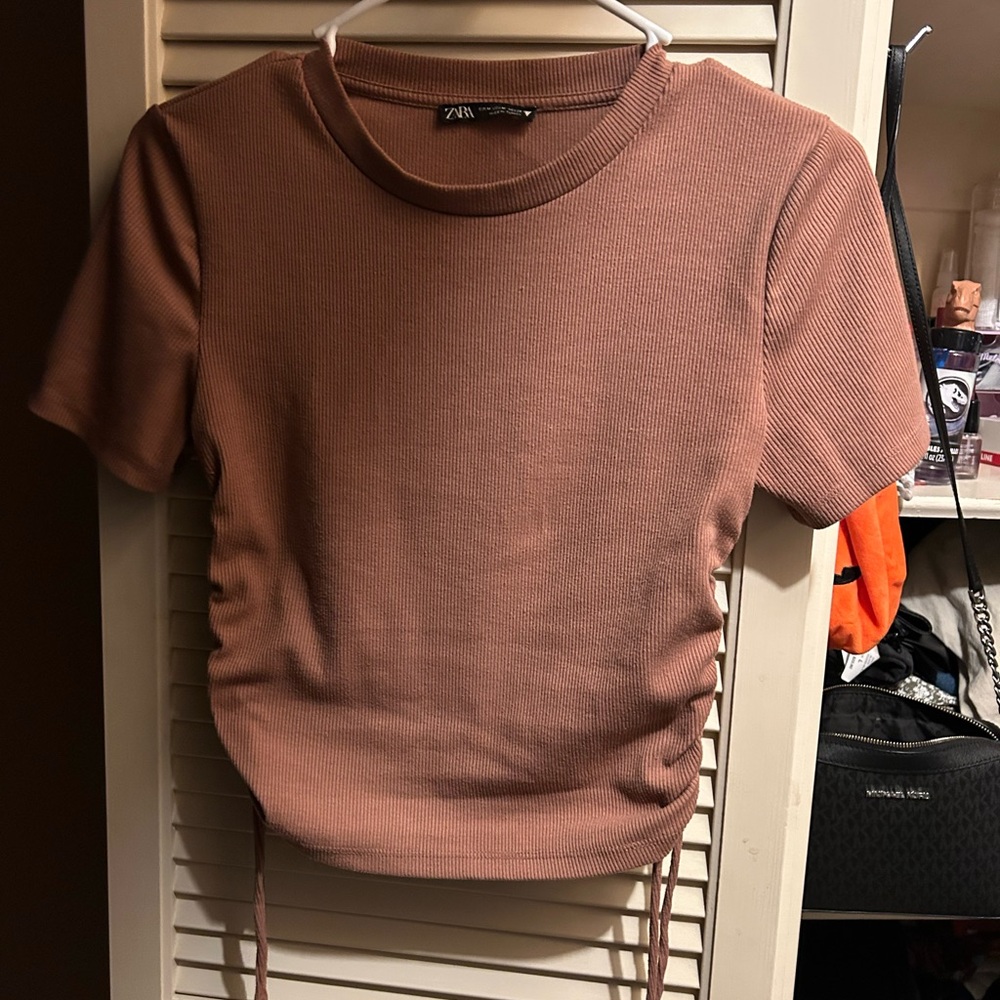 Zara Brown Ruched Crop T-Shirt